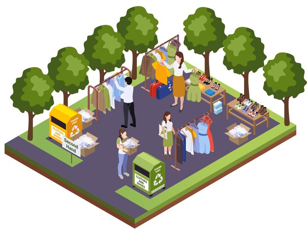 Ropa sostenible moda lenta composición isométrica con paisajes al aire libre y personas que traen tomando artículos de segunda mano ilustración vectorial