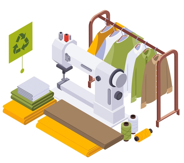 Ropa sostenible moda lenta composición isométrica con riel de prenda y rollos de tela con ilustración vectorial de costura de máquina de coser
