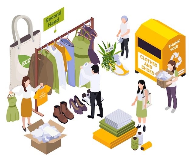 Ropa sostenible moda lenta composición isométrica con vista aislada del mercado de segunda mano con ilustraciones vectoriales de trajes usados