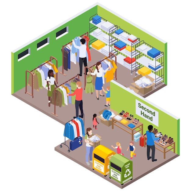 Ropa sostenible moda lenta composición isométrica con vista aislada de tienda de segunda mano con prendas de vestir zapatos ilustración vectorial