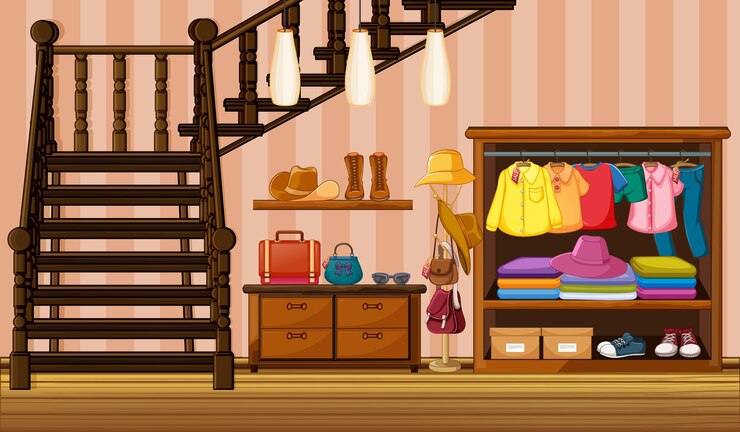 Vector gratuito ropa tendida en el armario con muchos accesorios en la escena de la casa.