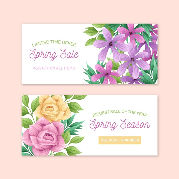 Rosas y flores violetas venta de primavera banner dibujado a mano