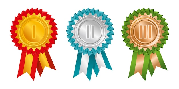 Las rosetas premian a los primeros lugares con el conjunto de iconos coloridos símbolos de victoria en las competiciones por el primer segundo y tercer lugar ilustración vectorial