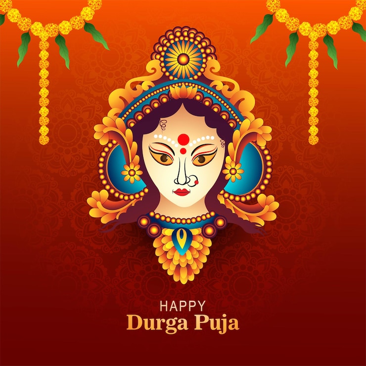 Vector gratuito el rostro de la diosa durga en el fondo de la tarjeta de durga puja feliz