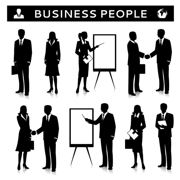 Rotafolios con siluetas de personas de negocios.