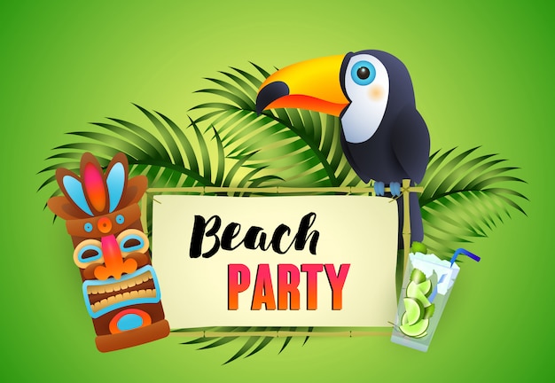 Vector gratuito rotulación fiesta playa, tucán, cóctel y máscara tribal.