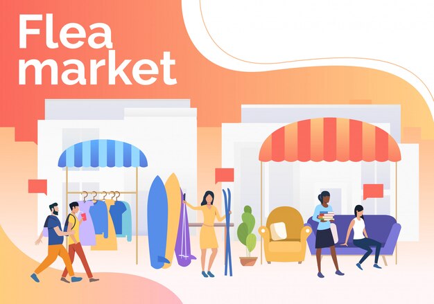 Rotulación de mercadillo, gente vendiendo ropa y esquís al aire libre.
