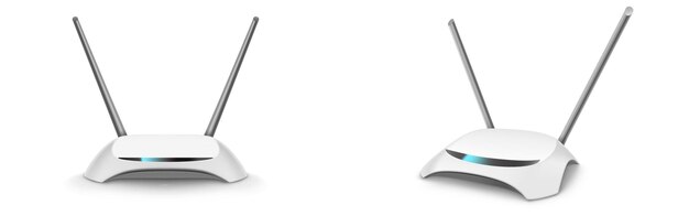 Router wifi, modem inalámbrico de banda ancha con antenas al frente y vista en perspectiva.
