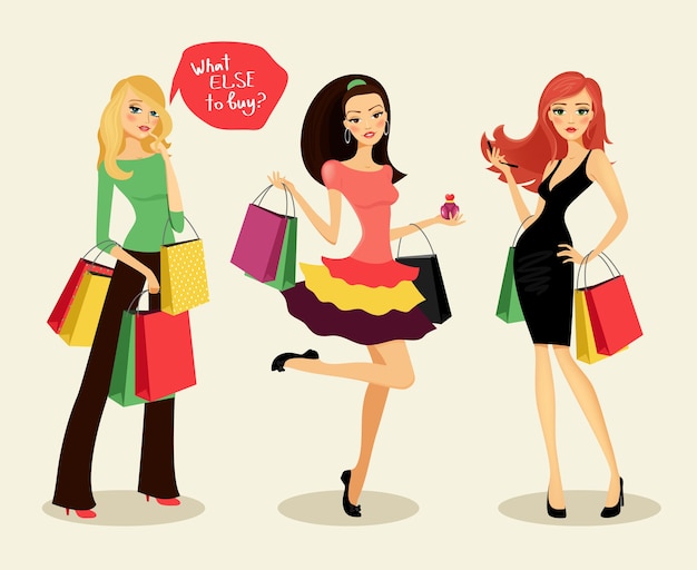 Rubias, morenas y pelirrojas chicas de compras de moda con bolsas y paquetes en la mano, compras felices, ilustración vectorial