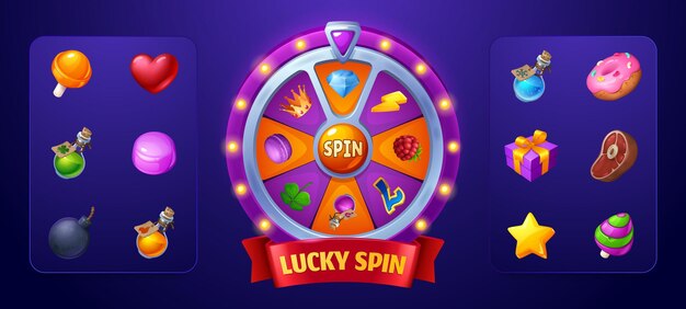 Rueda de la fortuna girar ui juego diseño de lotería vectorial ruleta afortunada con caramelo aislado estrella bomba poción y regalo de rosquilla bonificación para el ganador caja de premio mayor de círculo en línea con ranura de éxito cerca de flecha