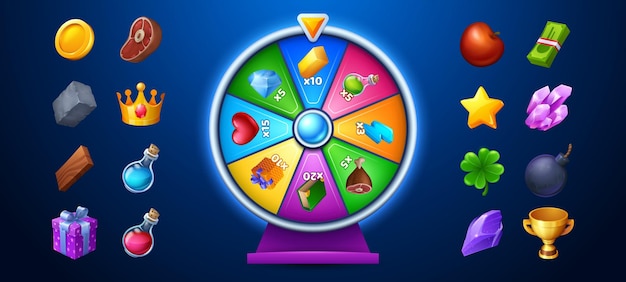 Rueda giratoria del juego de la fortuna y conjunto de iconos de premios aislados en azul Ilustración vectorial de la ruleta del casino decorada con poción mágica de corazón relámpago y caja de regalo de diamantes copa de trofeo