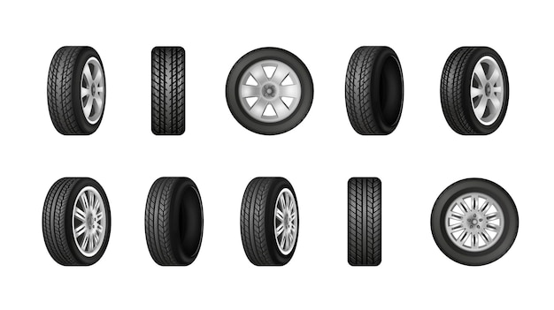 Ruedas de coche con diferentes patrones de banda de rodadura protector conjunto monocromo realista aislado en ilustración de vector de fondo blanco