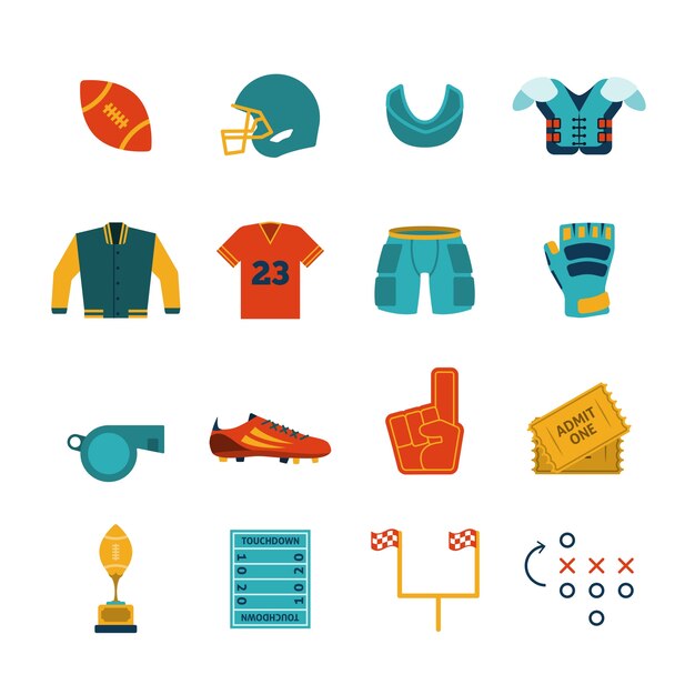 Rugby accesorios de juego colección de pictogramas plana con el equipo de protección del pecho y el escudo de goma resumen ilustración vectorial aislado
