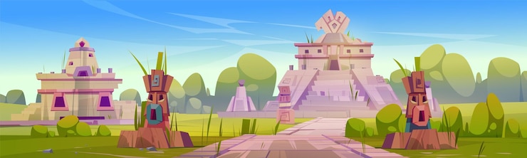 Vector gratuito ruinas antiguas de estatuas de templos aztecas y pirámide ilustración de dibujos animados vectoriales del paisaje de verano con bosque tropical y pueblo abandonado de la civilización maya mesoamericana