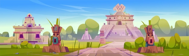 Ruinas antiguas de estatuas de templos aztecas y pirámide Ilustración de dibujos animados vectoriales del paisaje de verano con bosque tropical y pueblo abandonado de la civilización maya mesoamericana