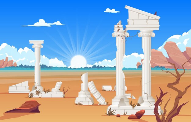 Ruinas antiguas del imperio griego o romano arquitectura histórica con columnas en ruinas en área seca ilustración vectorial realista