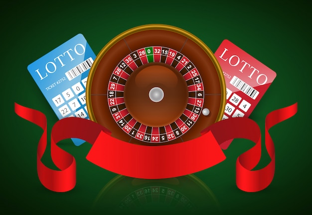 Vector gratuito ruleta de casino, billetes de lotería y cinta roja. publicidad de negocios de casino