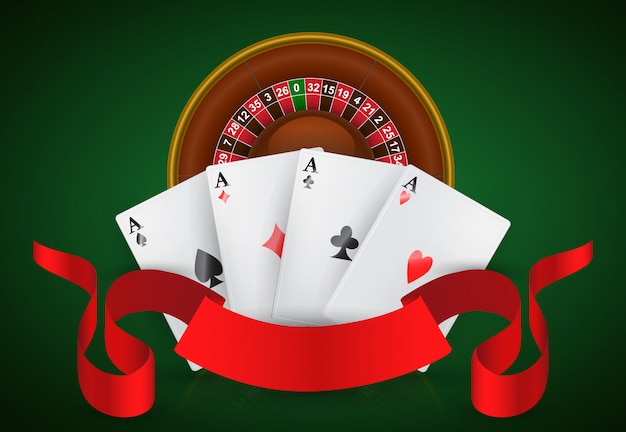 Ruleta de casino, cuatro ases y cinta roja. publicidad de negocios de casino