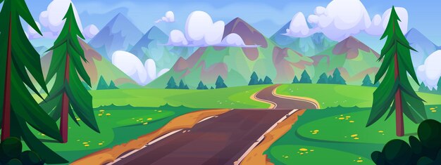 Ruta curva vacía entre árboles verdes y montañas