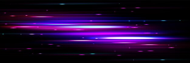 Rutas púrpuras rectas con efecto de desenfoque y resplandor causadas por luces que se mueven a alta velocidad Ilustración vectorial realista de la luminancia del neón de energía brillante movimiento dinámico rápido sobre fondo negro