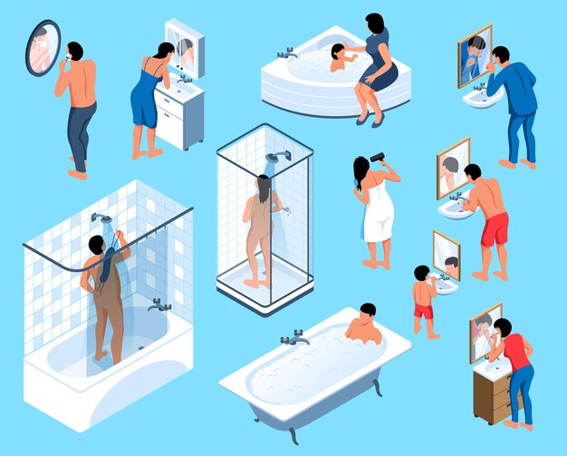 Rutina de higiene isométrica con íconos aislados de accesorios de baño con personajes de adultos y niños ilustraciones vectoriales