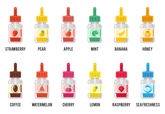 Sabores de e-líquido. jugo de vapeo o signos de jugo de vape. conjunto de  e-líquido para vaporizador, botella de ilustración con sabor a fruta