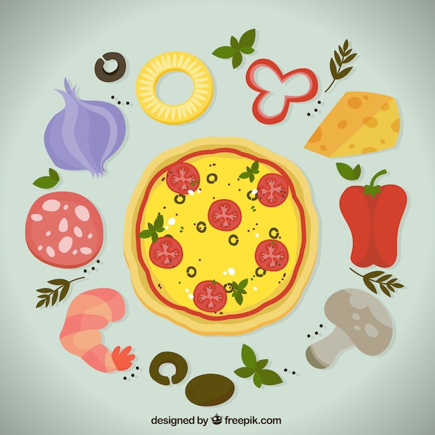 Vector gratuito sabrosa pizza con ingredientes