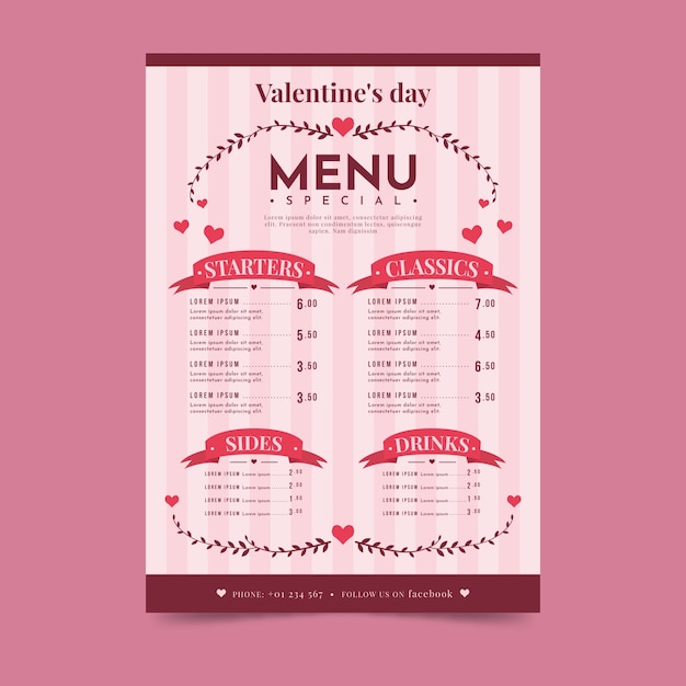 Sabrosa plantilla de menú para el día de san valentín