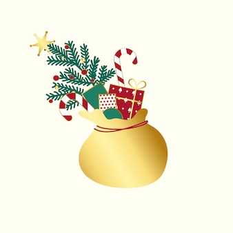 Saco de oro con vector de regalos de navidad