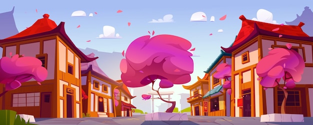 Vector gratuito sakura y edificios en las calles de la ciudad en china o japón paisaje de la ciudad china con casas asiáticas camino y cerezo con flores rosas ilustración de dibujos animados vectoriales