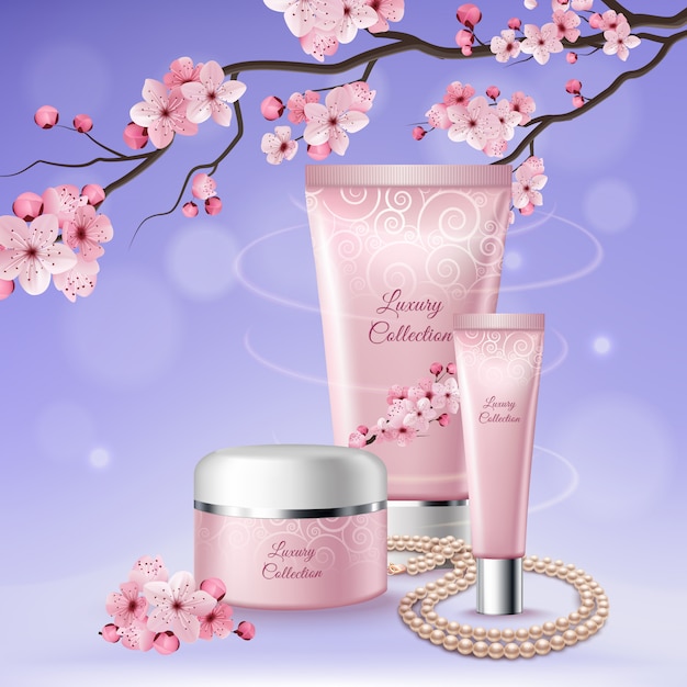 Sakura tres tubos de composición cosmética con titulares de colección de lujo en ellos