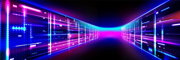 Sala abstracta del centro de datos con un brillante resplandor de neón