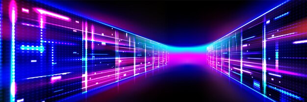 Sala abstracta del centro de datos con un brillante resplandor de neón
