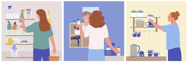 Vector gratuito sala de almacenamiento con mujer organizando cosas en el baño, lavandería y cocina, ilustración vectorial aislada