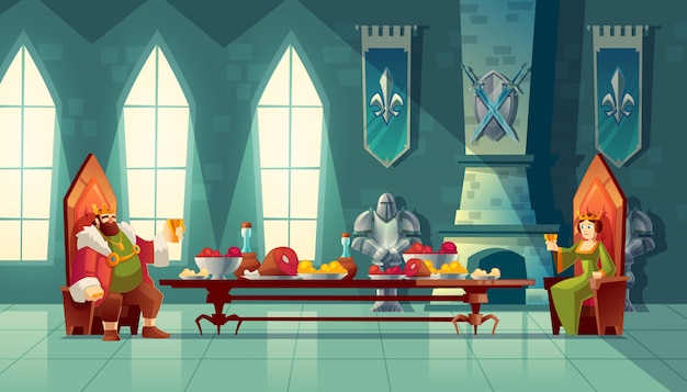 La sala del castillo con el rey y la reina comen el almuerzo. Mesa de fiesta con comida, fiesta de banquete