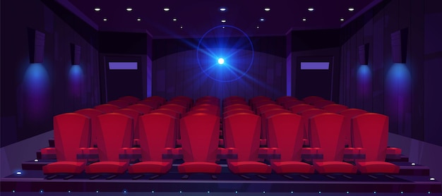 Sala de cine con filas de asientos para público y proyector de cine.
