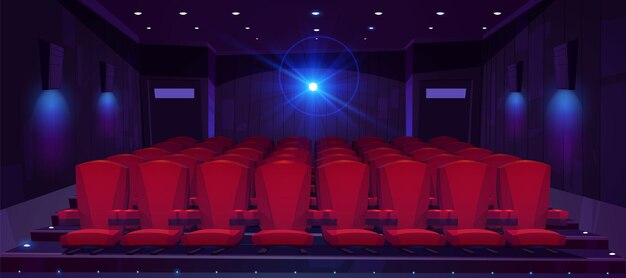 Sala de cine con filas de asientos para público y proyector de cine.