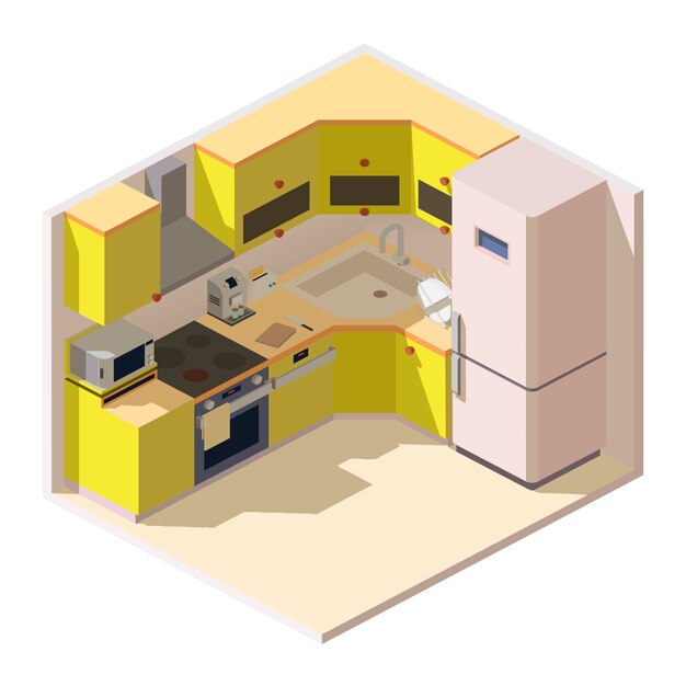 Sala de cocina isométrica con muebles y electrodomésticos.