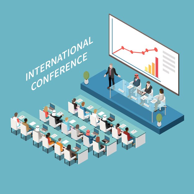 Sala de conferencias internacional presentación en pantalla lcd grande composición isométrica con orador y participantes en el podio