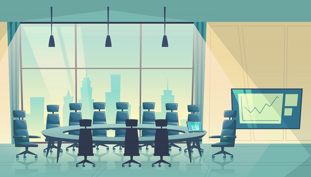 Sala de conferencias para reunión, junta directiva. Sala de juntas de negocios, proceso de trabajo.