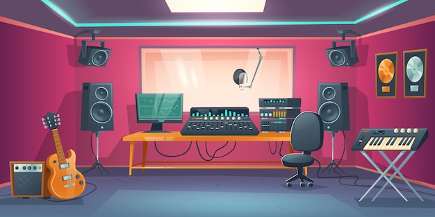 Vector gratuito sala de control del estudio de música y cabina de cantante.