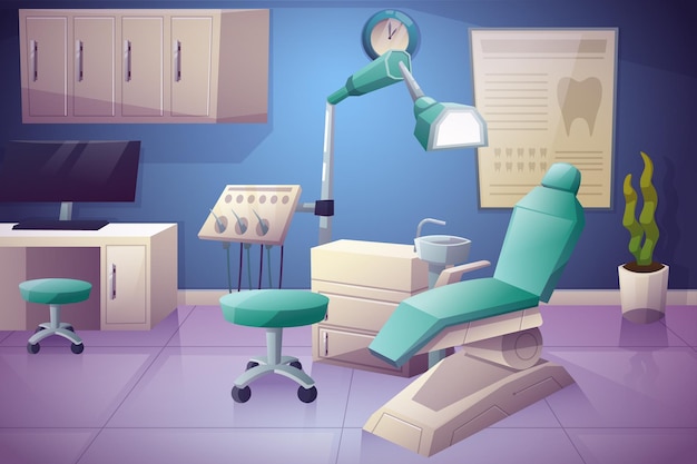 Vector gratuito sala dental o gabinete para el cuidado de los dientes oficina de ortodoncia o estomatología para el tratamiento bucal del paciente