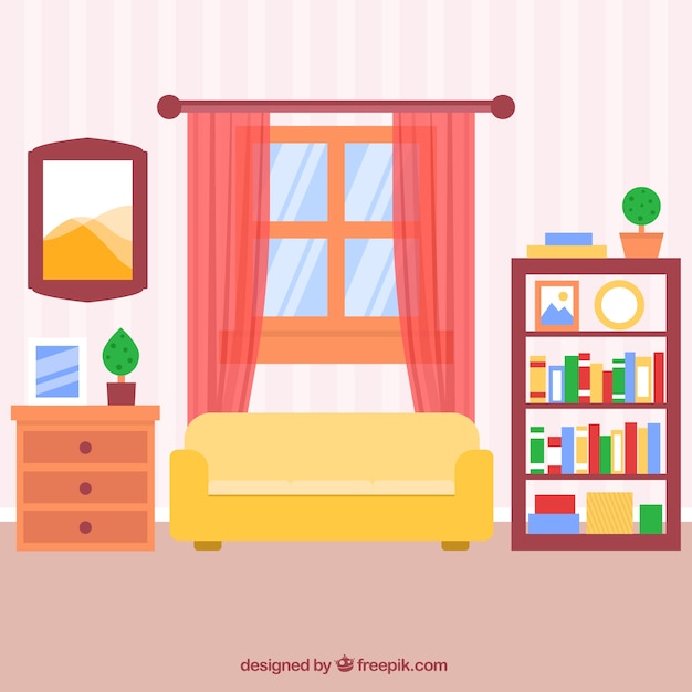 Vector gratuito sala de estar plana con pared a rayas y cortinas rosas