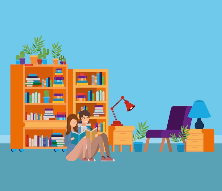 Vector gratuito sala de estudio en casa con libros.