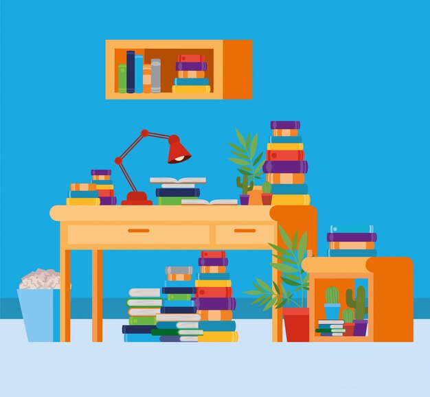 Sala de estudio en casa con libros.
