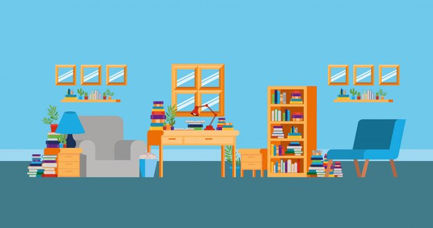 Sala de estudio en casa con libros.