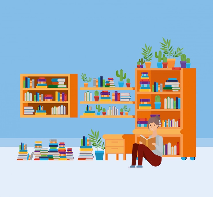 Vector gratuito sala de estudio en casa con libros.