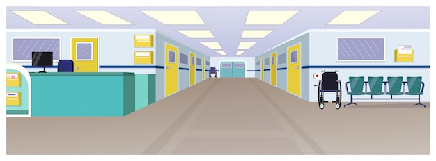 Sala de hospital con recepción, puertas en pasillo y sillas.