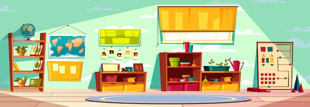 Sala de juegos de jardín de infantes montessori, clase de escuela primaria, dibujos animados de interiores de habitaciones de niños