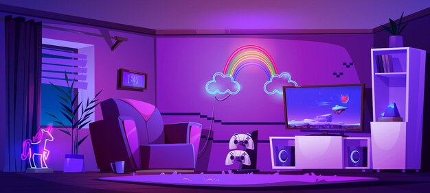 Sala de juegos con joysticks de play station de pantalla de tv